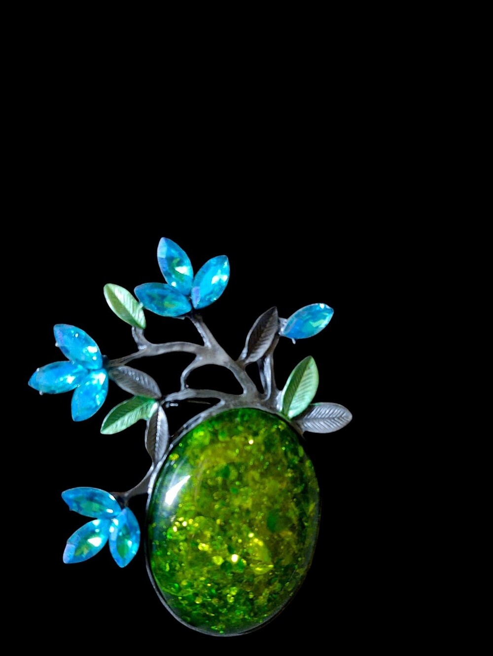 Green Resin Cabochon  and Crystal Flower Brooch